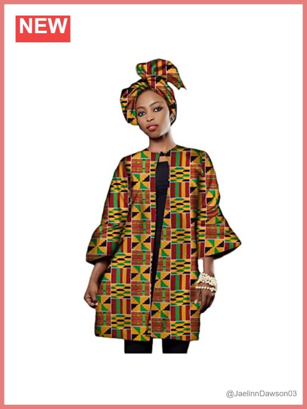 African Print Open Front Jacket Coat 100% Cotton with Head Scarf